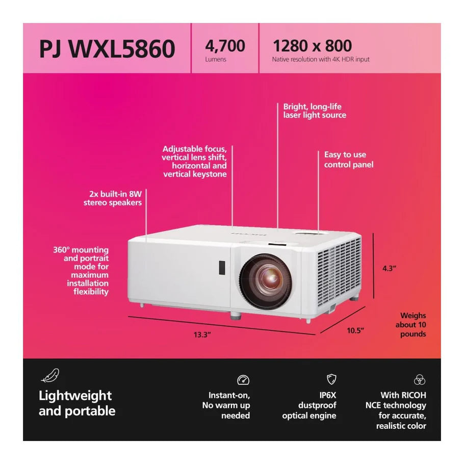 Ricoh PJ WXL5860 4700 ANSI Lumens DLP Compact Laser Projector White - iDesign Communications