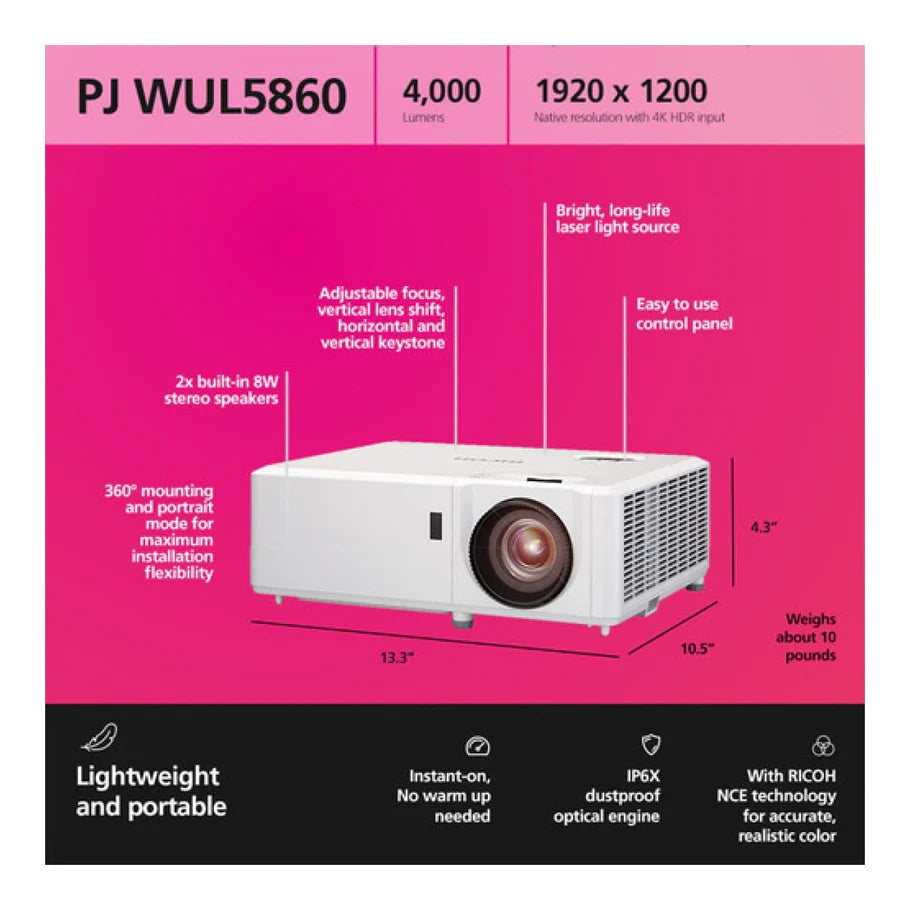 Ricoh PJ WUL5860 4000 ANSI Lumens DLP Laser Projector White - iDesign Communications