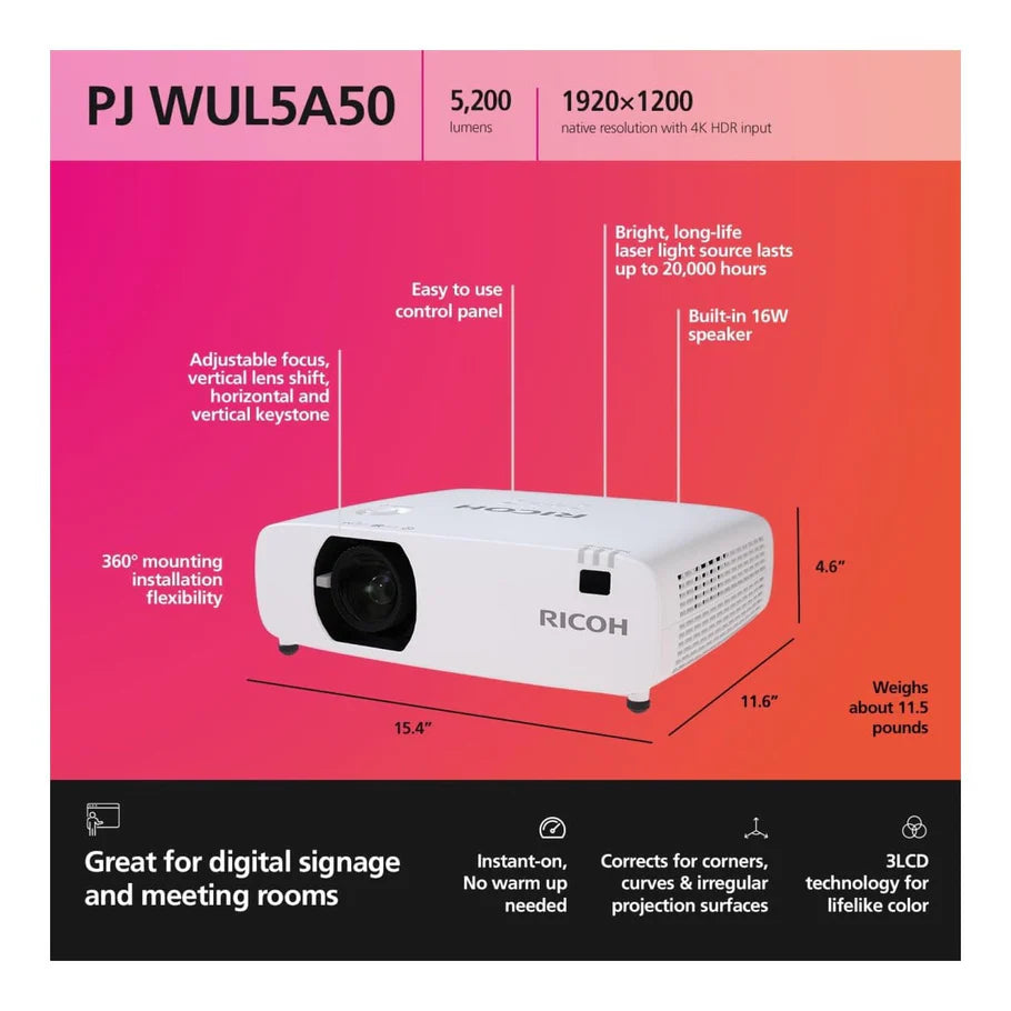 Ricoh PJ WUL5A50 5200 ANSI Lumens Short Throw Projector White - iDesign Communications