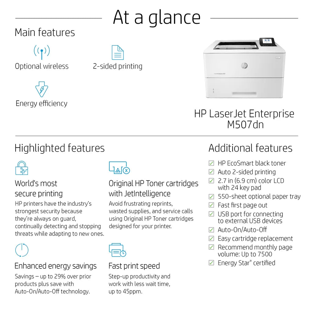 HP LaserJet Enterprise M507dn Mono A4 Duplex Laser Printer - iDesign Communications