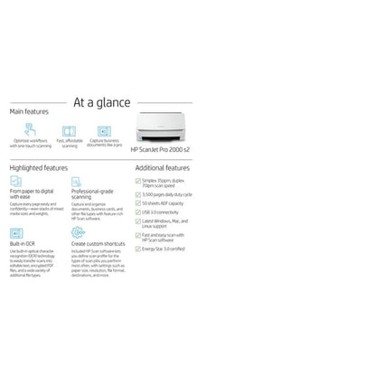 HP ScanJet Pro 2000 s2 Up to 35 ppm 600 x 600 dpi A4 Sheet-fed Scanner - iDesign Communications