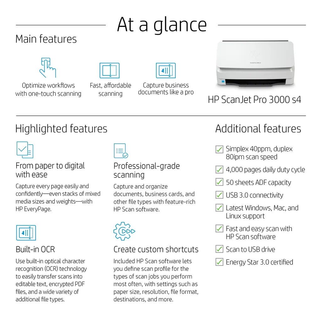 HP ScanJet Pro 3000 s4 Up to 40 ppm 600 x 600 dpi A4 Sheet-fed Scanner - iDesign Communications