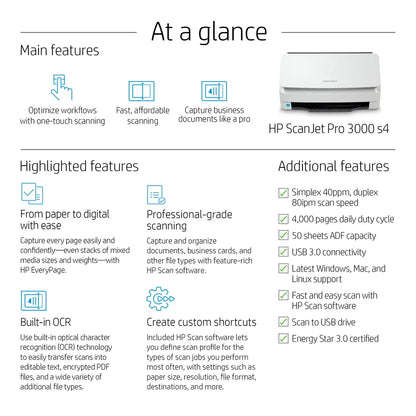 HP ScanJet Pro 3000 s4 Up to 40 ppm 600 x 600 dpi A4 Sheet-fed Scanner - iDesign Communications