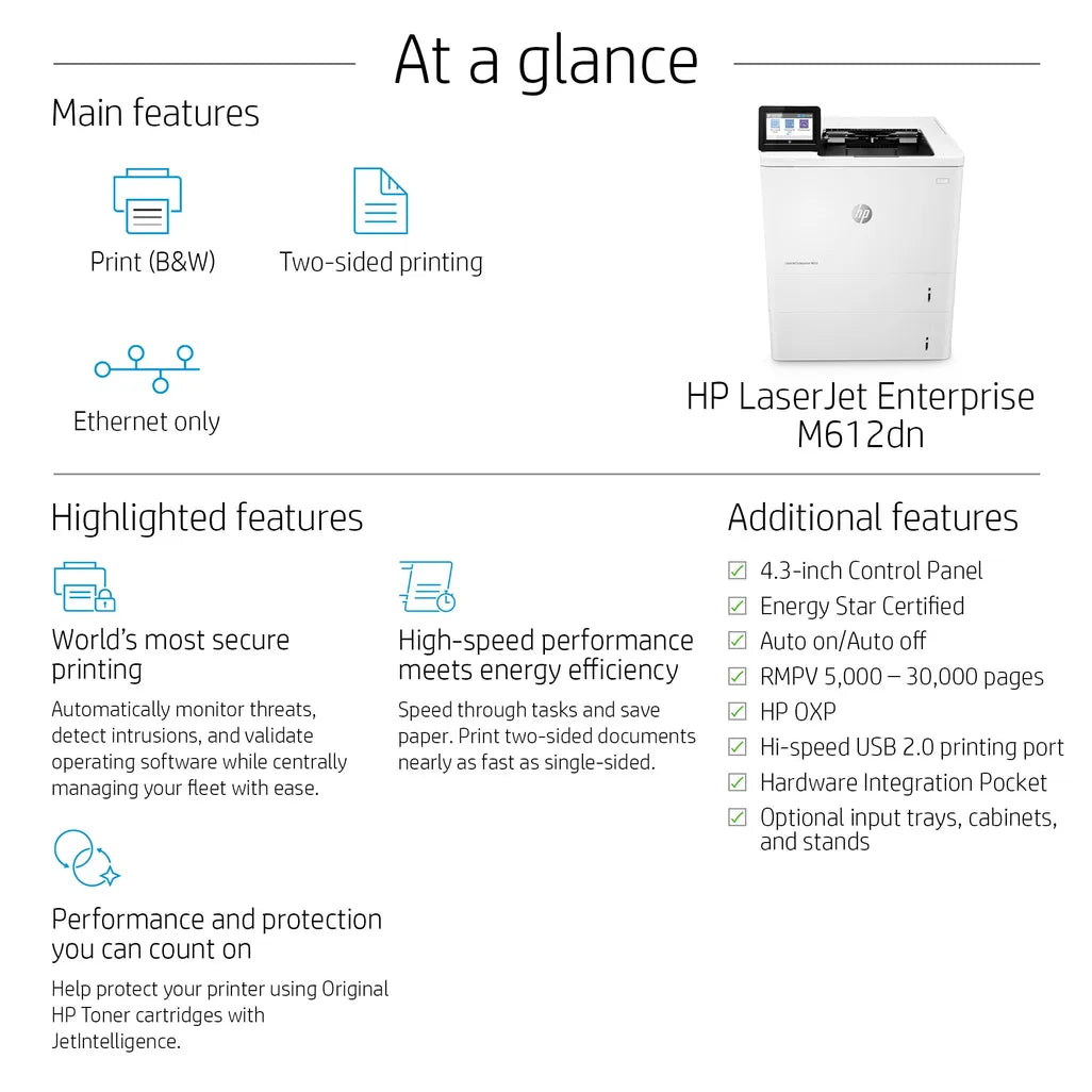 HP LaserJet Enterprise M612dn Mono A4 Duplex Laser Printer - iDesign Communications