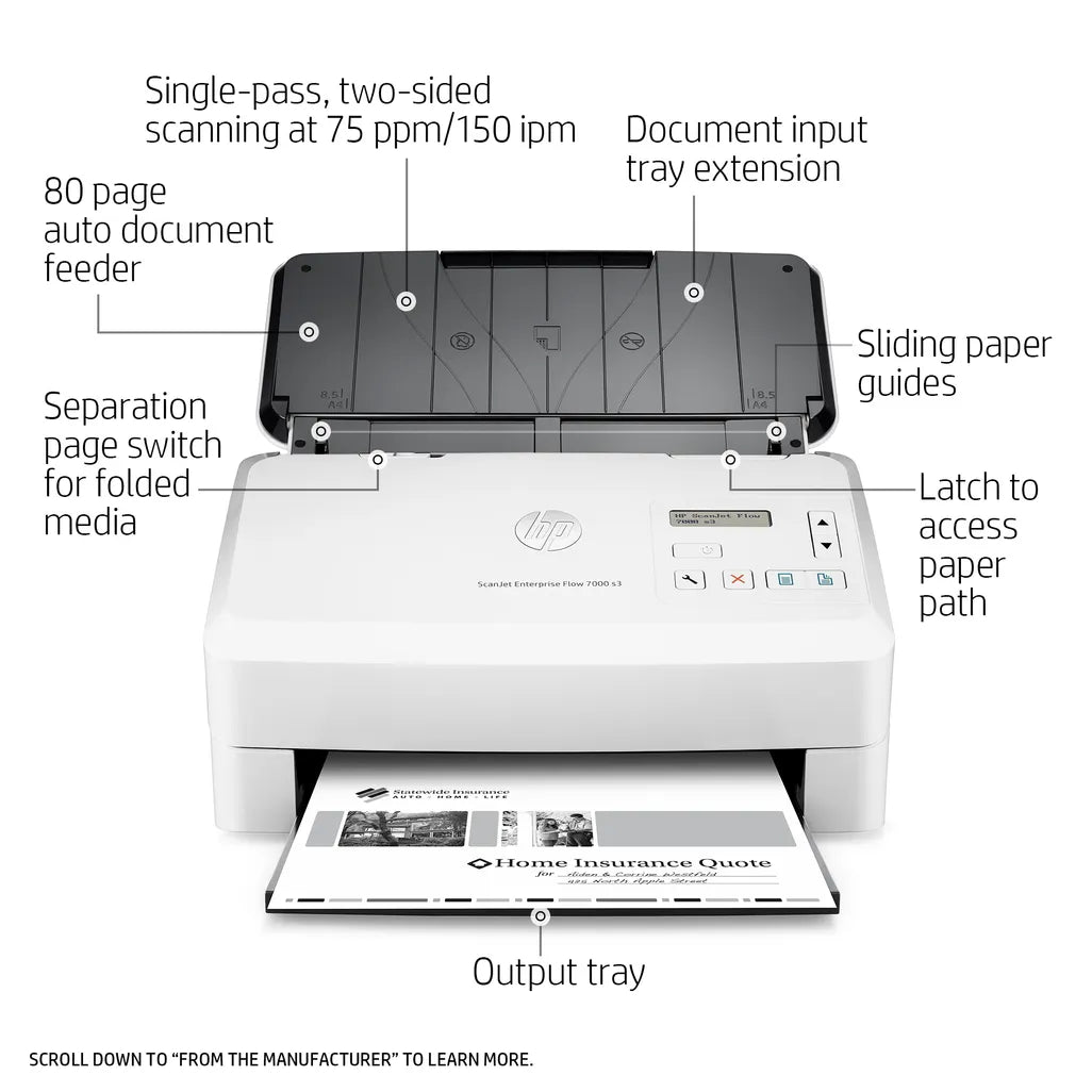 HP ScanJet Enterprise Flow 7000 s3 Up To 75 ppm 600 x 600 dpi A4 Sheet-fed Scanner - iDesign Communications
